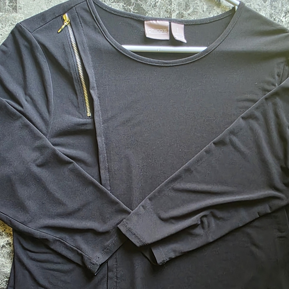 Chico's Black and Gold Long Sleeve Tee with Chic Zipper Detail